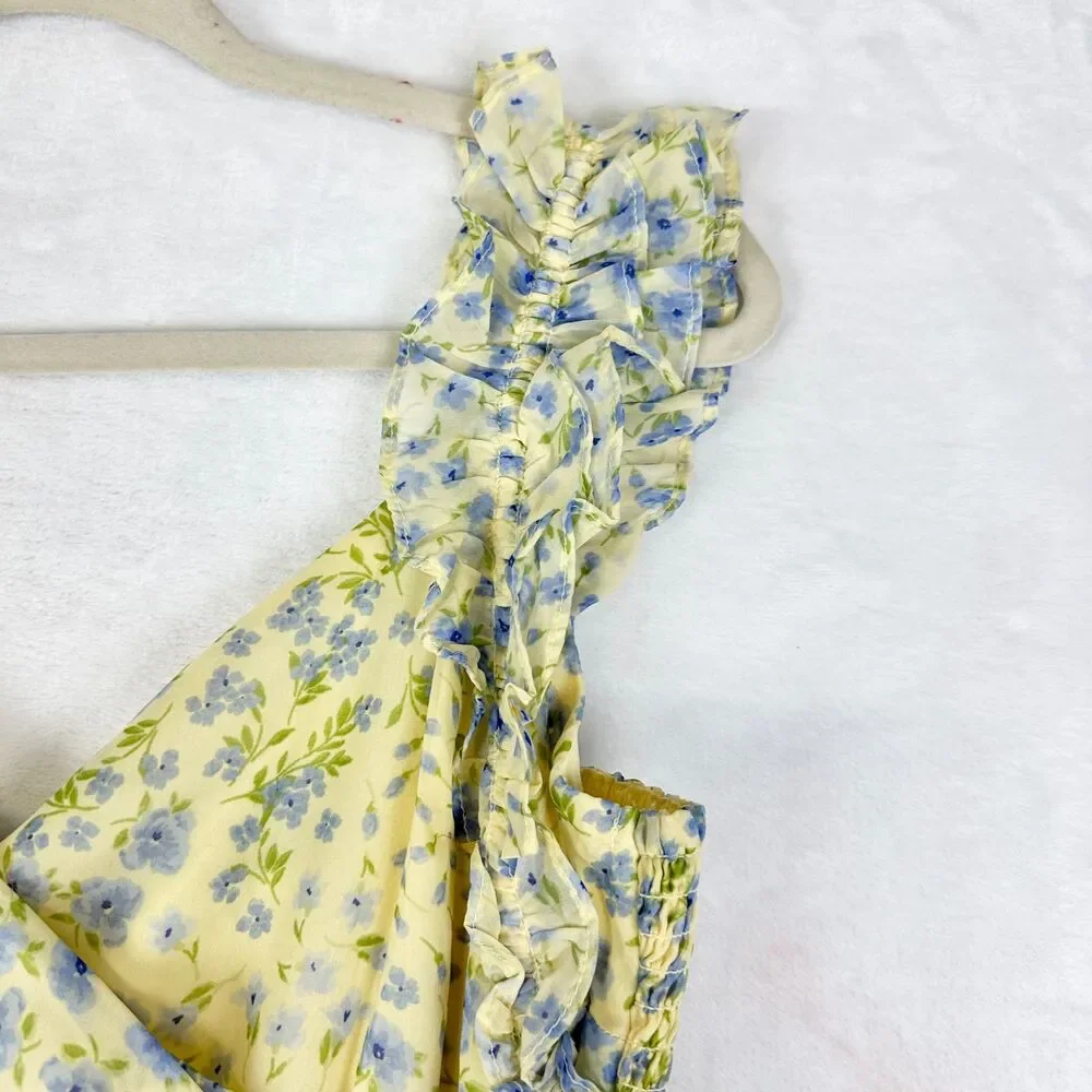 Abercrombie Fitch Ruffle Strap High Low Maxi Dress Size Medium NWT Floral Yellow - Picture 7 of 12